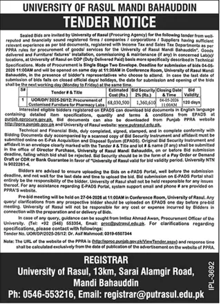 Newspaper clipping: University of Rasul Tender for Pharmacy Labs Furniture, Dunya, 16 Apr 2026