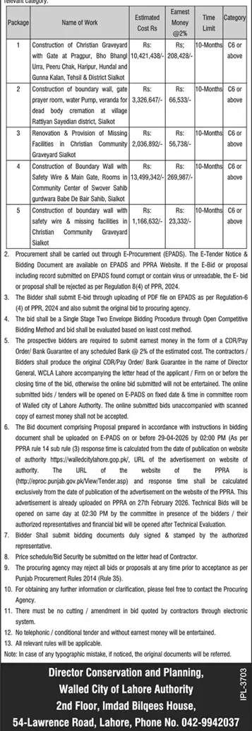 Newspaper clipping: WCLA Construction & Renovation Tenders in Sialkot, Dunya, 16 Apr 2026