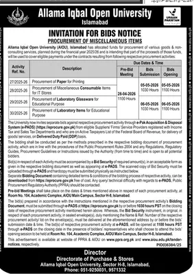 Newspaper clipping: AIOU Bids for Paper, IT, and Laboratory Items, Dunya, 16 Apr 2026