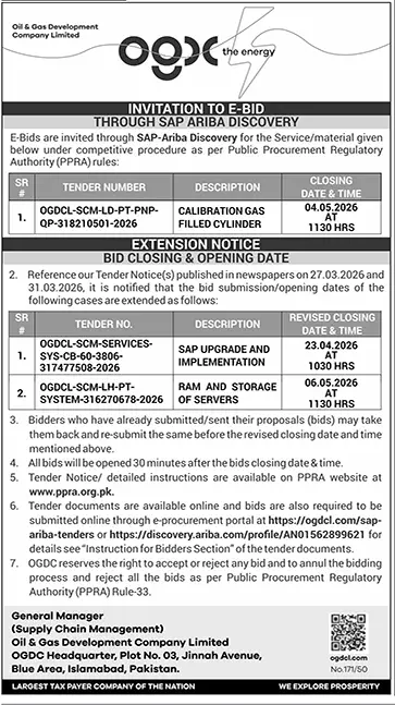 Newspaper clipping: OGDCL Tender Notice for E-Bids & Date Extension 2026, Dunya, 16 Apr 2026