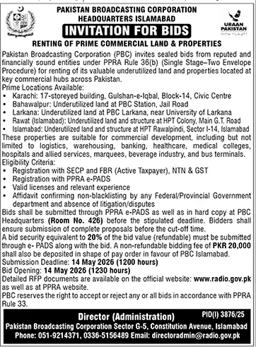 Newspaper clipping: PBC Bids for Renting Commercial Land and Properties, Dunya, 16 Apr 2026