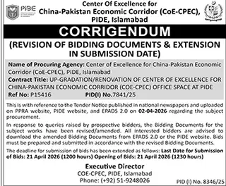 Newspaper clipping: CoE-CPEC Bidding Date Extension for Office Renovation, Dunya, 16 Apr 2026