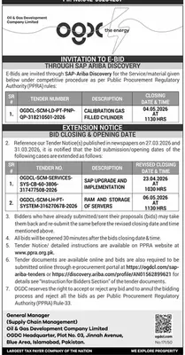 Newspaper clipping: OGDCL Tender Notice for Services and Materials, Dunya, 16 Apr 2026