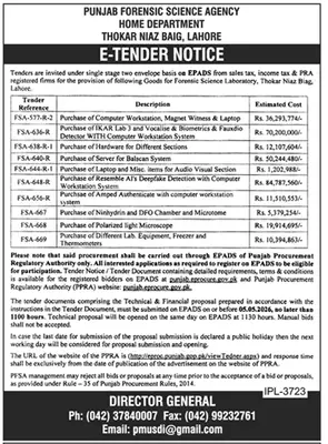 Newspaper clipping: Punjab Forensic Science Agency Tender for Lab Equipment, Dunya, 16 Apr 2026