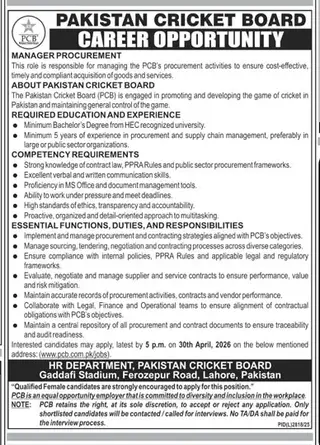Newspaper clipping: Manager Procurement Jobs at Pakistan Cricket Board (PCB), Jang, 16 Apr 2026
