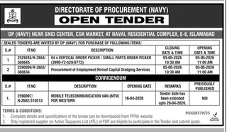 Newspaper clipping: Navy Procurement Tender for Equipment & Services in Islamabad, Jang, 16 Apr 2026