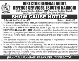 Newspaper clipping: Show Cause Notice DG Audit Defence Services Karachi, Jang, 16 Apr 2026