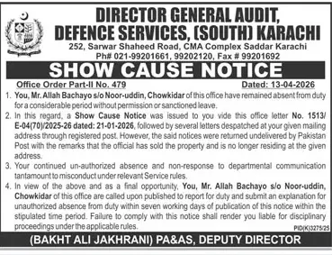 Newspaper clipping: Show Cause Notice DG Audit Defence Services Karachi, Jang, 16 Apr 2026