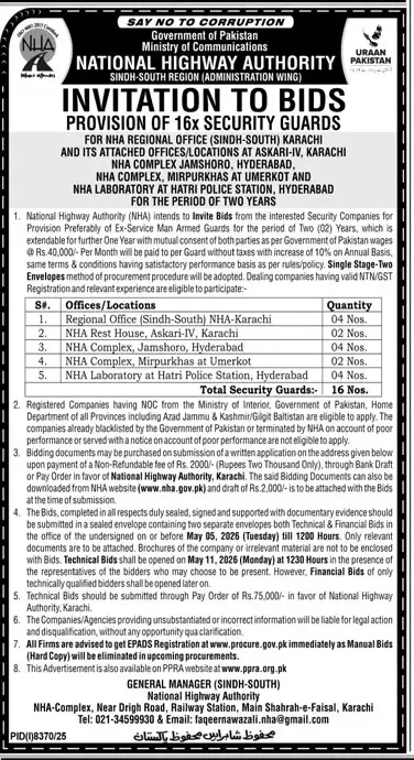 Newspaper clipping: NHA Sindh-South Bids for 16x Security Guards, Jang, 16 Apr 2026