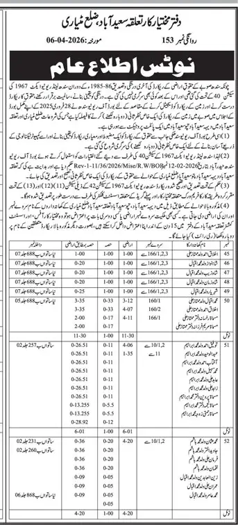 Newspaper clipping: Land Record Resurvey Notice in Saeedabad, Matiari, Jang, 16 Apr 2026