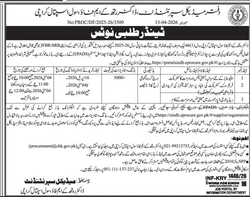 Newspaper clipping: Civil Hospital Karachi Tender for Maintenance & Procurement, Jang, 16 Apr 2026