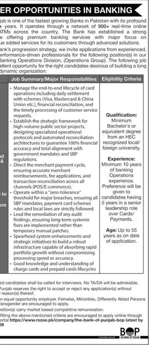Newspaper clipping: Bank of Punjab Banking Operations Jobs 2026, Jang, 16 Apr 2026