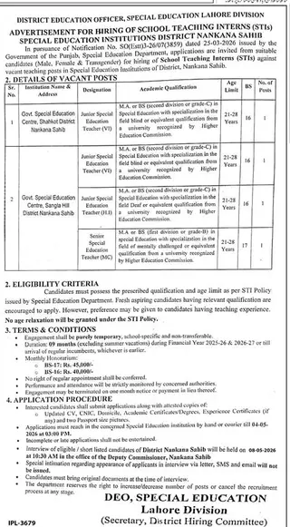 Newspaper clipping: Special Education Teacher Jobs in Nankana Sahib 2026, Jang, 16 Apr 2026