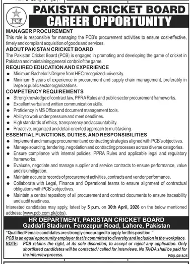 Newspaper clipping: Manager Procurement Jobs at Pakistan Cricket Board Lahore, Jang, 16 Apr 2026
