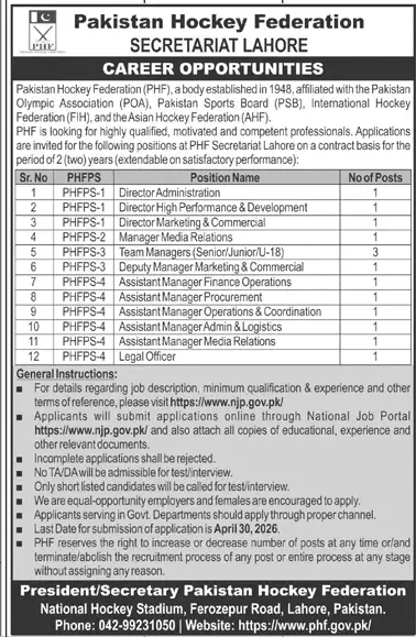 Newspaper clipping: Pakistan Hockey Federation Jobs in Lahore 2026, Jang, 16 Apr 2026