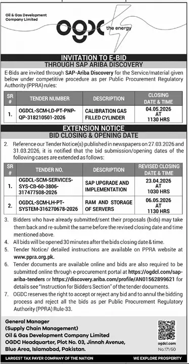 Newspaper clipping: OGDCL Tender Notice for Services and Materials 2026, Jang, 16 Apr 2026