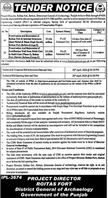 Newspaper clipping: Tender for Rohtas Fort Restoration Projects in Jhelum, Jang, 16 Apr 2026