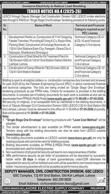Newspaper clipping: LESCO Tender Notice for Construction Works Lahore 2026, Jang, 16 Apr 2026