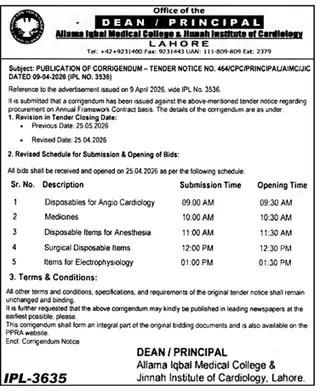 Newspaper clipping: Tender Corrigendum for Medical Supplies in Lahore, Jang, 16 Apr 2026