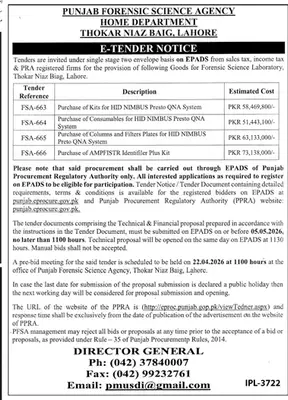 Newspaper clipping: Punjab Forensic Science Agency Tender for Lab Goods, Jang, 16 Apr 2026