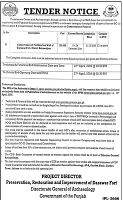 Newspaper clipping: Archaeology Dept Punjab Tender for Darawar Fort Conservation, Jang, 16 Apr 2026