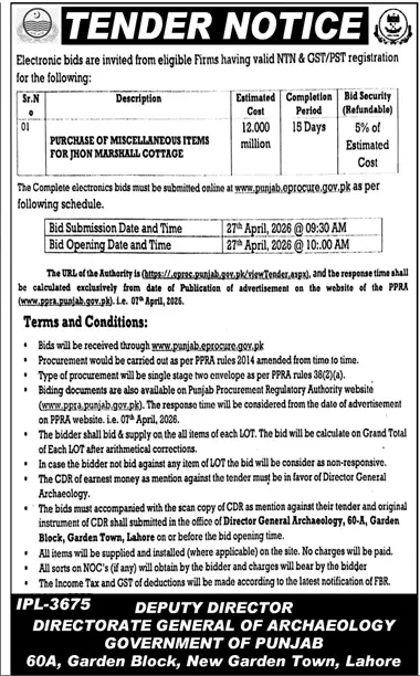 Newspaper clipping: Punjab Archaeology Tender for Miscellaneous Items Purchase, Jang, 16 Apr 2026