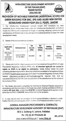 Newspaper clipping: IDAP Tender for Movable Furniture Provision in Lahore, Jang, 16 Apr 2026