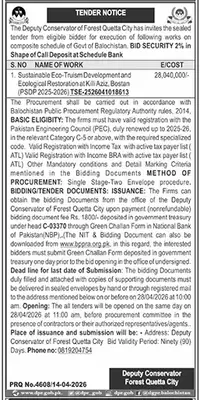 Newspaper clipping: Forest Dept Quetta Tender for Eco-Tourism Development, Jang, 16 Apr 2026