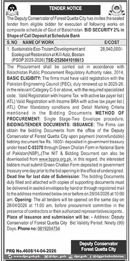 Newspaper clipping: Forest Dept Quetta Tender for Eco-Tourism Development, Jang, 16 Apr 2026