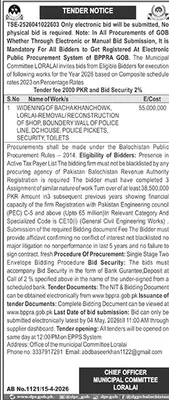 Newspaper clipping: Municipal Committee Loralai Tender for Widening Works, Jang, 16 Apr 2026
