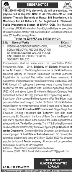 Newspaper clipping: Municipal Committee Loralai Tender for Widening Works, Jang, 16 Apr 2026