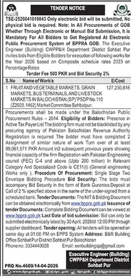 Newspaper clipping: Tender for Market Construction in Sohbat Pur, Balochistan, Jang, 16 Apr 2026