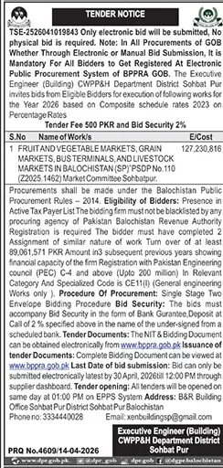 Newspaper clipping: Tender for Market Construction in Sohbat Pur, Balochistan, Jang, 16 Apr 2026