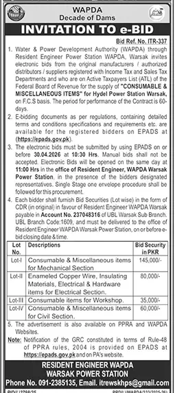Newspaper clipping: WAPDA Warsak e-Bid for Consumable & Miscellaneous Items, Jang, 16 Apr 2026