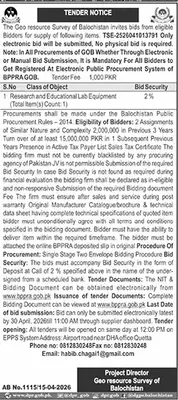 Newspaper clipping: Geo Resource Survey Balochistan Tender for Lab Equipment, Jang, 16 Apr 2026