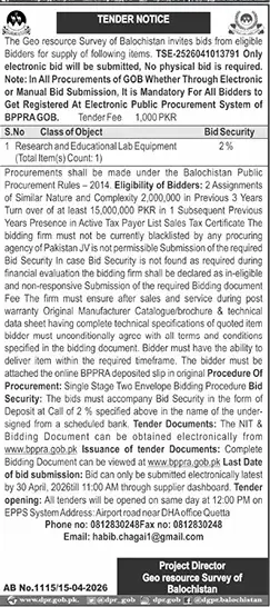 Newspaper clipping: Geo Resource Survey Balochistan Tender for Lab Equipment, Jang, 16 Apr 2026