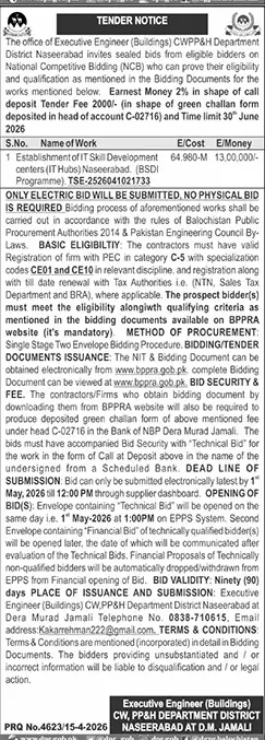 Newspaper clipping: Tender for IT Skill Center in Naseerabad, Jang, 16 Apr 2026
