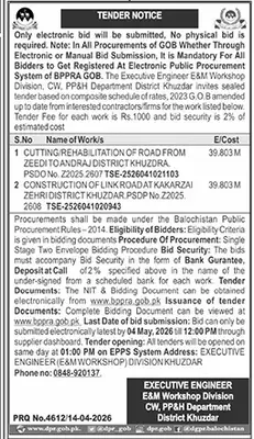 Newspaper clipping: Tender Notice for Road Works in Khuzdar, Balochistan, Jang, 16 Apr 2026