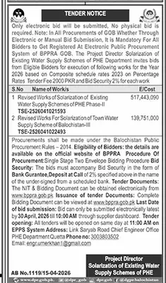 Newspaper clipping: PHE Dept Tender for Water Supply Solarization in Balochistan, Jang, 16 Apr 2026