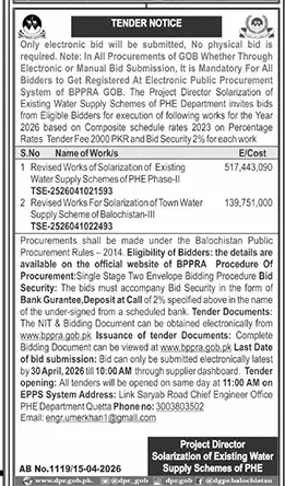 Newspaper clipping: PHE Dept Tender for Water Supply Solarization in Balochistan, Jang, 16 Apr 2026