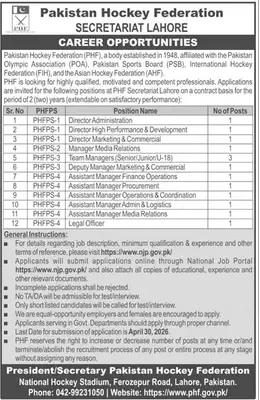 Newspaper clipping: Pakistan Hockey Federation (PHF) Jobs in Lahore 2026, Jang, 16 Apr 2026
