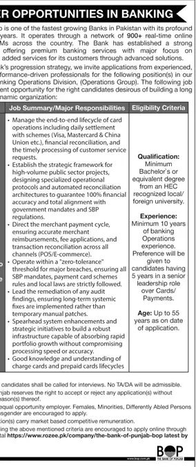 Newspaper clipping: The Bank of Punjab Banking Operations Jobs, Jang, 16 Apr 2026