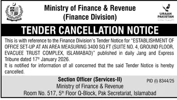 Newspaper clipping: Tender Cancellation Notice by Ministry of Finance, Jang, 16 Apr 2026