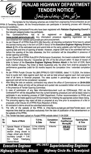 Newspaper clipping: Punjab Highway Dept Tender for Road Repair in Attock, Jang, 16 Apr 2026