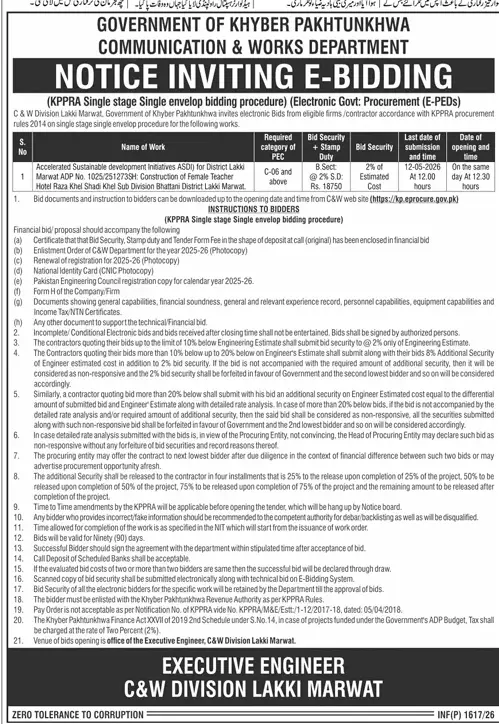 Newspaper clipping: C&W Lakki Marwat E-Bidding Notice for Construction, Jang, 16 Apr 2026