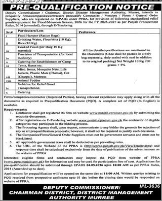 Newspaper clipping: Prequalification for Relief Goods in Murree 2026 | DDMA Tender, Jang, 16 Apr 2026