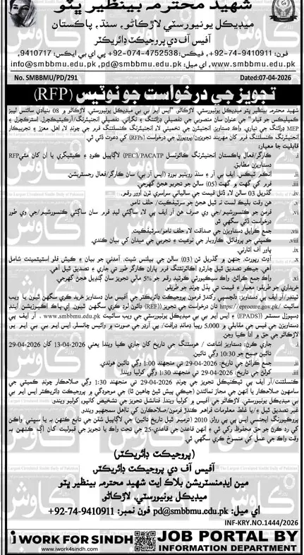 Newspaper clipping: RFP for Consultancy Services at SMBBMU Larkana, Daily Kawish, 16 Apr 2026