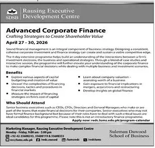 Newspaper clipping: Advanced Corporate Finance Program at Rausing Executive Centre, Dawn, 16 Apr 2026