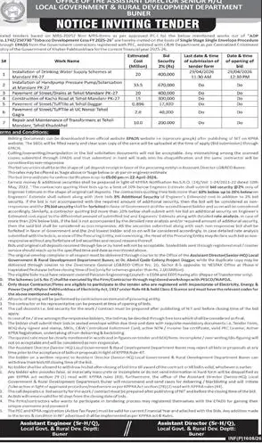 Newspaper clipping: Tender Notice for Development Works in Buner, Dawn, Thursday, 16 April 2026