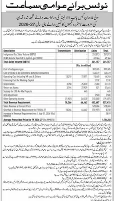 Newspaper clipping: SNGPL Public Hearing Notice for Revenue Requirement 2026-27, Express, 16 Apr 2026